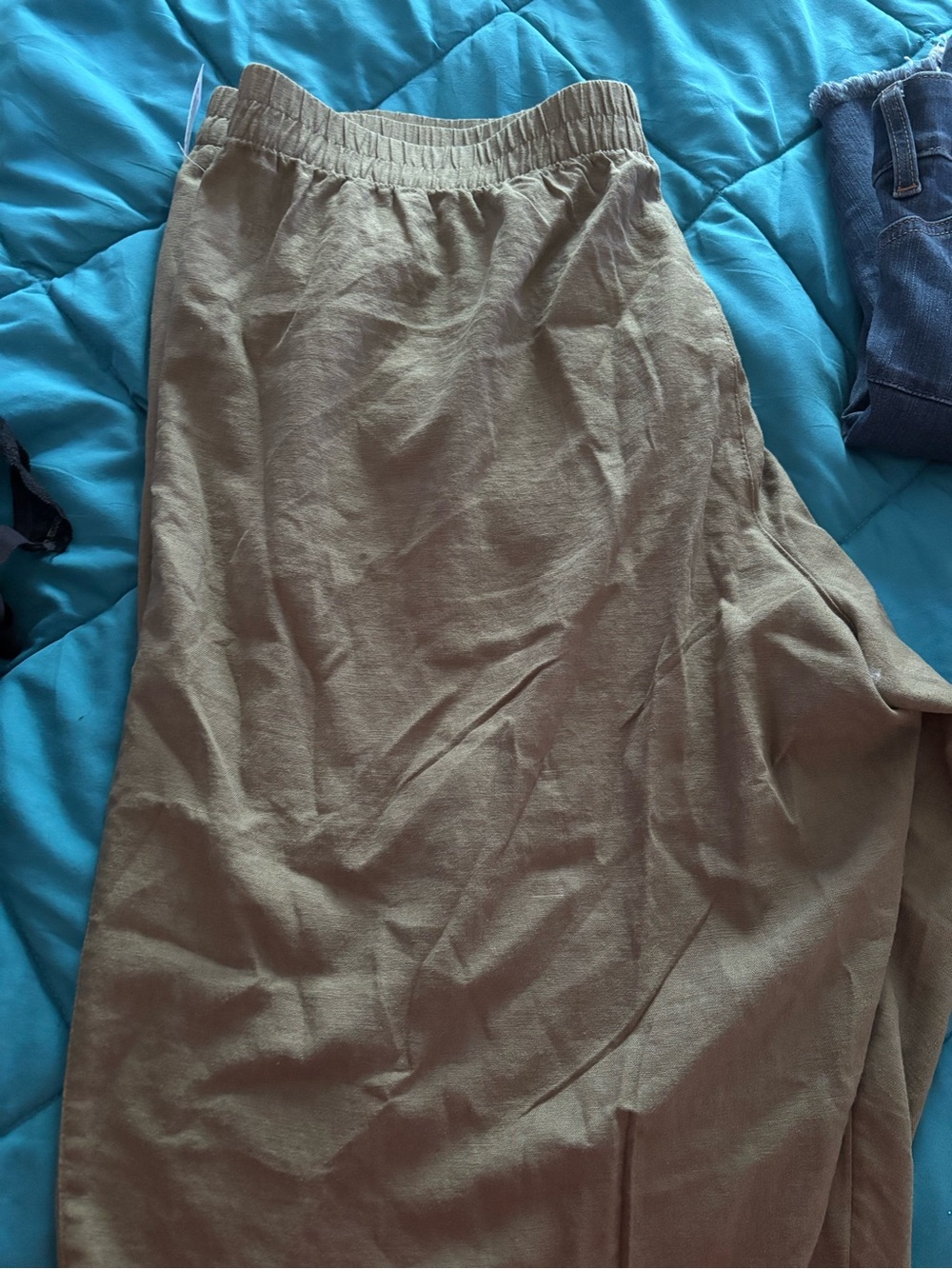 Old Navy Olive-Tan Linen Crop Pants with Elastic Waist